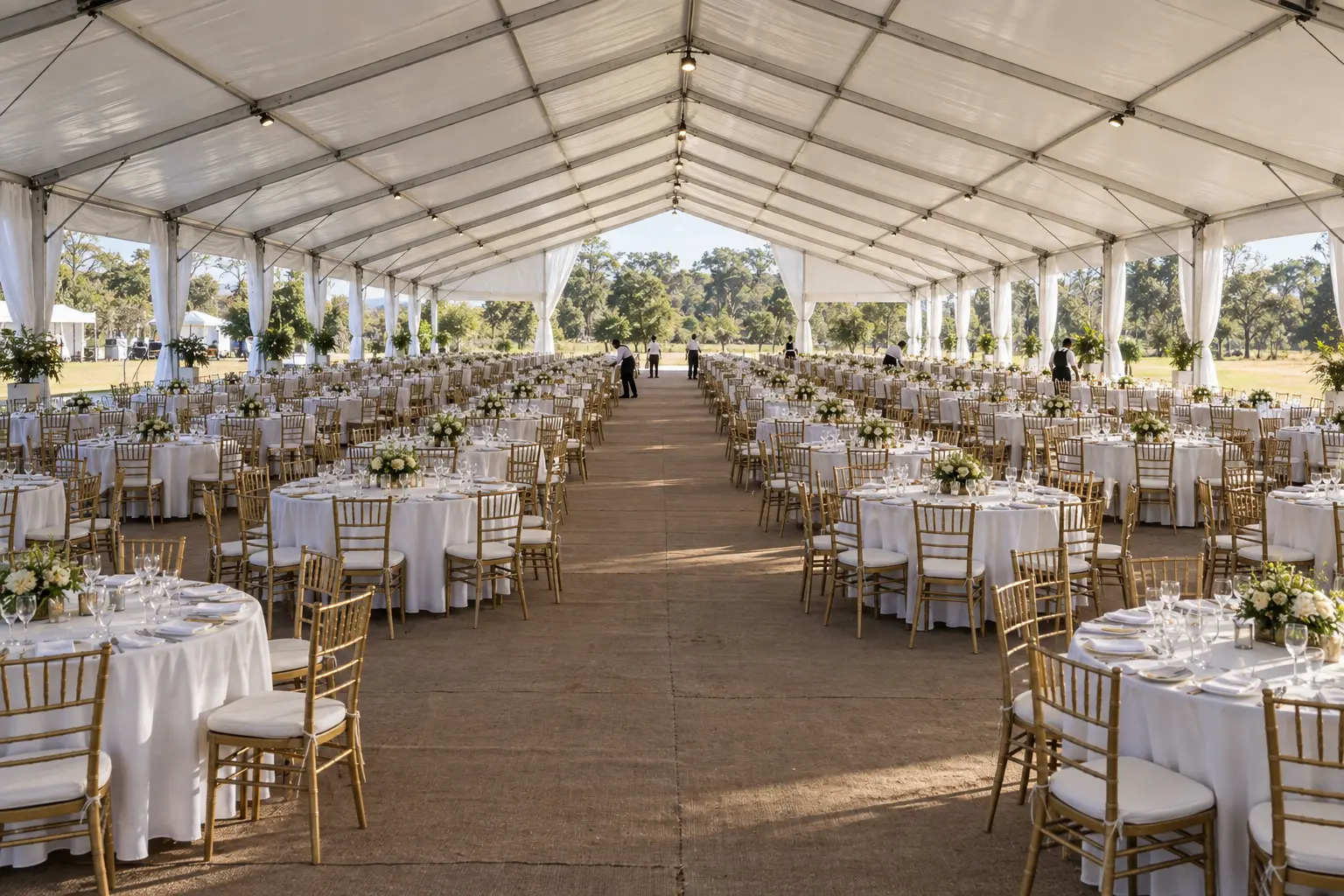 Large white marquee tent arranged with round banquet tables and chairs for a 1,000-person event