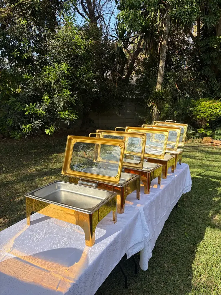 Gold buffet chafing dishes available for hire